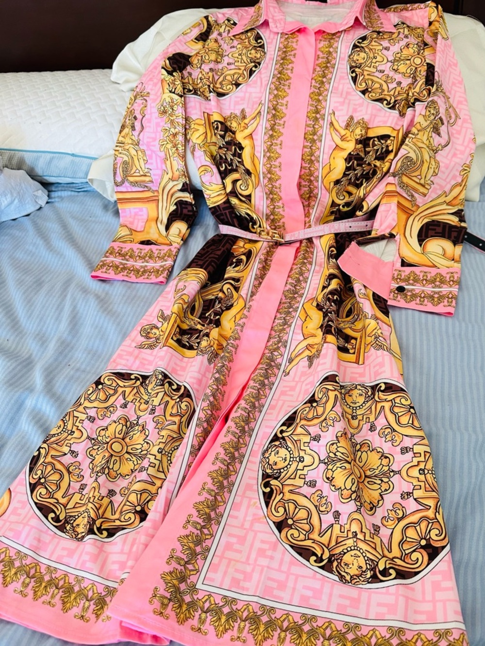 Fendi Pink and Gold Baroque Maxi Shirt Dress.